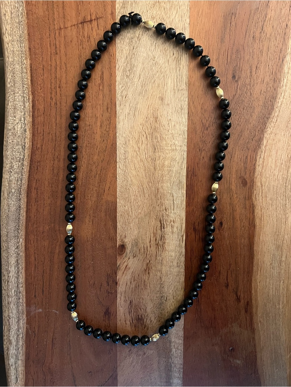Vintage Black Onyx Beaded Necklace with Gold Accents